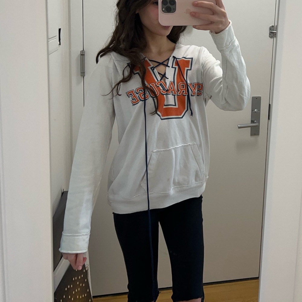 The original retrobrand lace up syracuse white navy and orange hoodie.